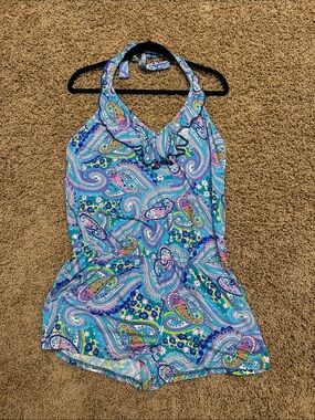 ABS Allen Schwartz Turquoise Paisley Swim Coverup Romper